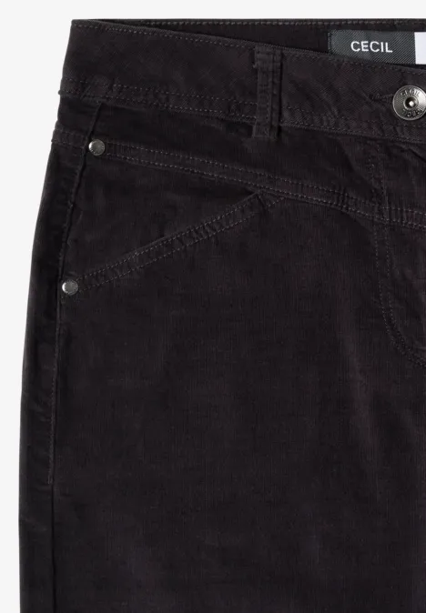 High Waist Wide Leg Hose im Loose Fit carbon grey Schwarze Cordhose mit schrägen Seitentaschen, Metallnieten und CECIL-Label am Bund.