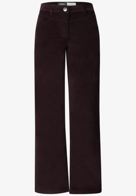 Broek met High Waist en Wide Leg pijpen in een Loose Fit pasvorm berry red Donkerrode ribfluwelen broek met hoge taille en wijde pijpen