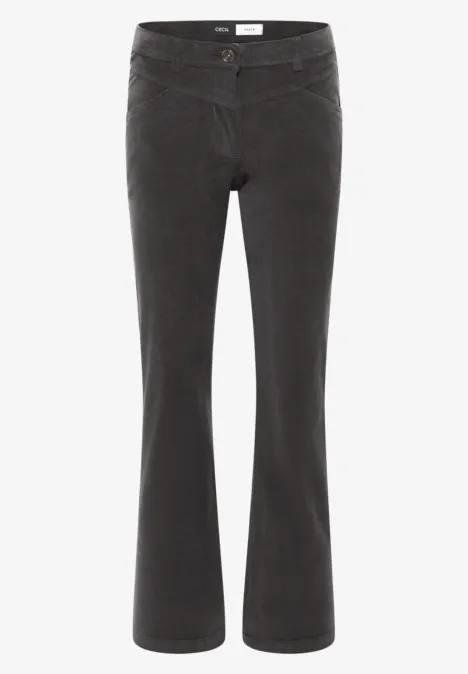 High Waist Bootcut Hose im Slim Fit easy khaki Schwarze Cordhose mit ausgestelltem Bein und Bund mit Knopfverschluss.