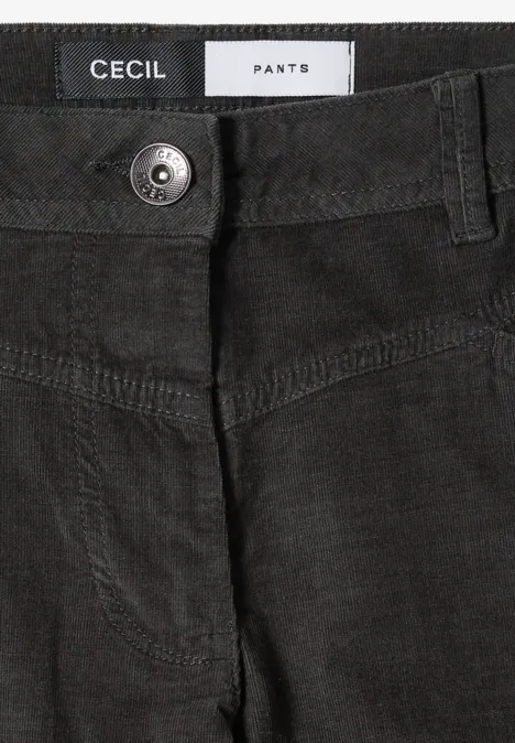 High Waist Bootcut Hose im Slim Fit easy khaki Schwarze Cordhose mit Knopfverschluss, Reißverschluss, Gürtelschlaufen und Markenlabel 'CECIL'.