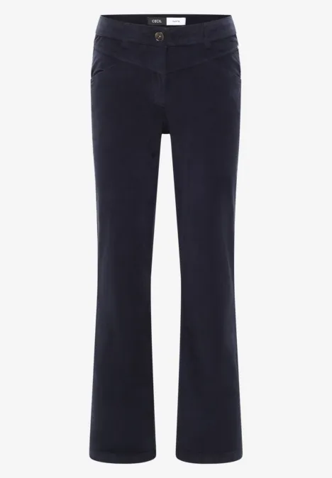 Dunkelblaue Damenhose mit leicht ausgestelltem Bootcut-Schnitt, Taschen und Knopf- sowie Reißverschluss.