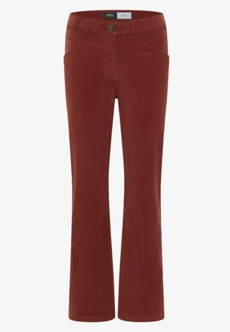 High Waist Bootcut Hose im Slim Fit dark russet red Rostrote Cordhose mit ausgestelltem Bein und Bund mit Knopfverschluss