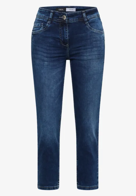 Jean femme bleu foncé, taille haute, coupe droite, cinq poches et passants pour ceinture.