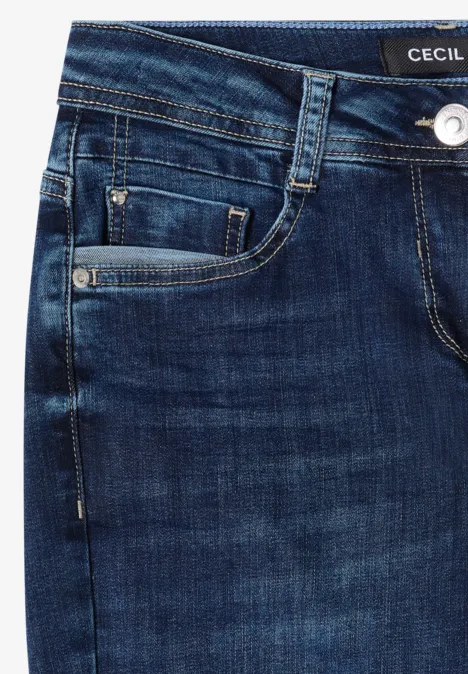 Mid Waist Slim Leg Jeans im Casual Fit mid blue used wash Dunkelblaue Jeans mit Tasche und Gürtelschlaufen