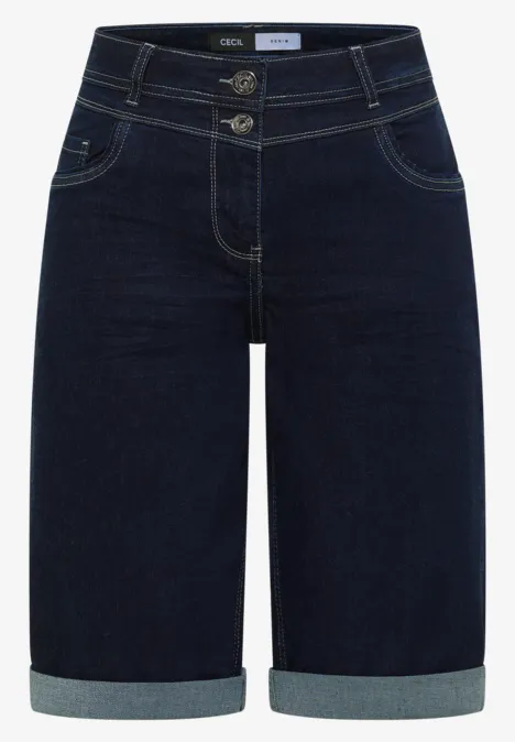 Shorts met High Waist en Wide Leg pijpen in een Loose Fit pasvorm rinsed wash Donkerblauwe jeansbermuda met omgeslagen zoom en knoopsluiting
