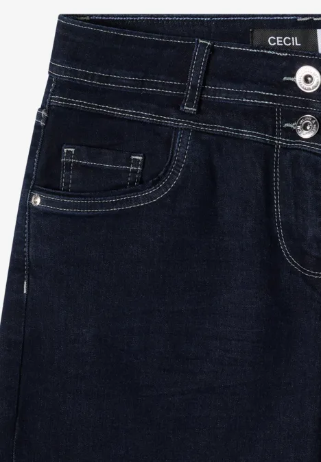 Shorts met High Waist en Wide Leg pijpen in een Loose Fit pasvorm rinsed wash Donkerblauwe denimjeans met twee zilverkleurige knopen, voorzak en CECIL-label in de taille.