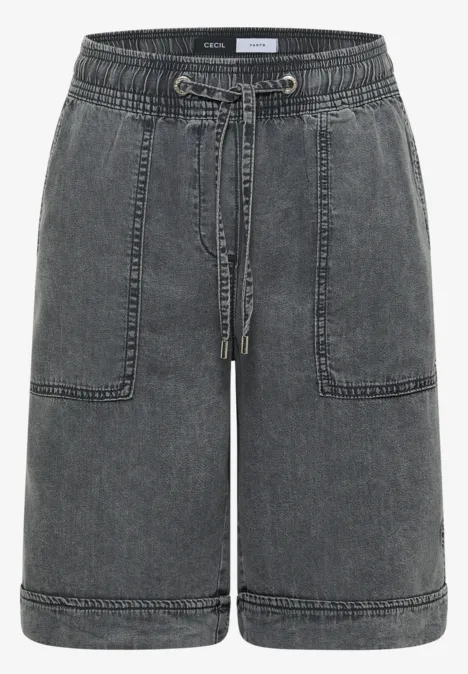 Shorts met Wide Leg pijpen en een Loose Fit pasvorm mid grey random wash Zwarte denim short met elastische taille, koordsluiting en opgestikte zakken voor een casual look.