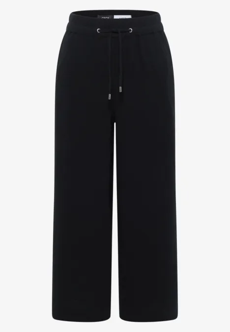 3/4 Wide Leg Hose in Musselin-Qualität Black Schlichte schwarze Culottes-Hose mit weitem Bein und Tunnelzugbund