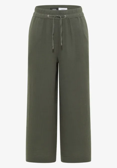 3/4 Wide Leg Hose in Musselin-Qualität clear khaki Olivgrüne, weite Stoffhose mit elastischem Bund und Kordelzug.