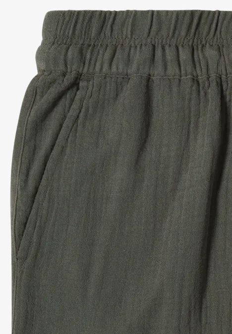 3/4 Wide Leg Hose in Musselin-Qualität clear khaki Dunkelgrüne Hose mit Gummibund und Seitentaschen, leicht strukturierter Stoff.