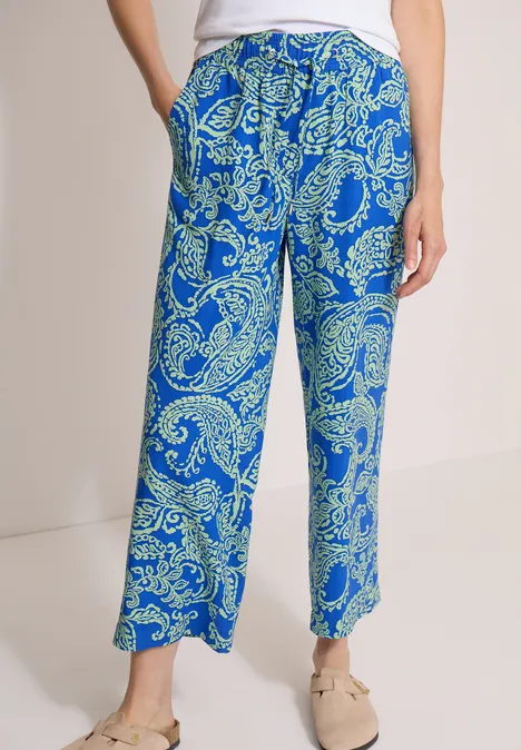 7/8 High Waist Wide Leg Hose im Loose Fit surf blue Blau-grüne, knöchellange Damenhose mit Paisley-Muster.