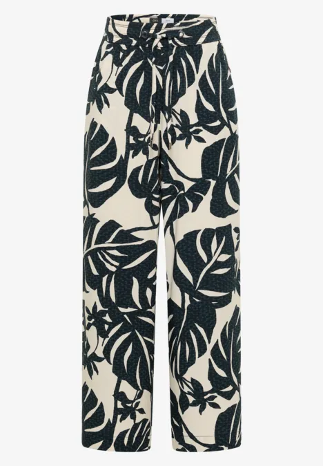 Broek met High Waist en Wide Leg pijpen in een Loose Fit pasvorm palm breeze green Lose broek met zwart-wit bladprint en elastische taille