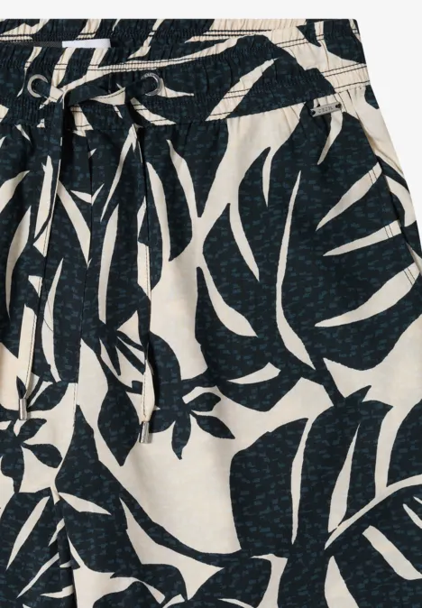 Broek met High Waist en Wide Leg pijpen in een Loose Fit pasvorm palm breeze green Witte lange broek met zwarte palmblaadjesprint en koordceintuur