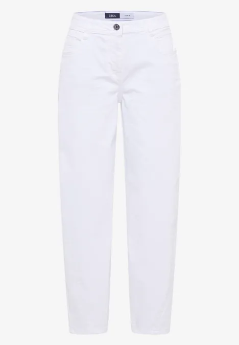 Jean taille haute à Barrel Leg, coupe ample White Jean blanc pour femme, coupe droite, cinq poches, fermeture par bouton.