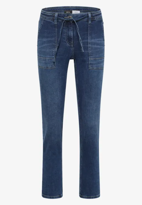 Straight Leg Jeans mit Gürteldetail mid blue used wash Blaue Jeans mit geradem Bein, hohem Bund und Stoffgürtel