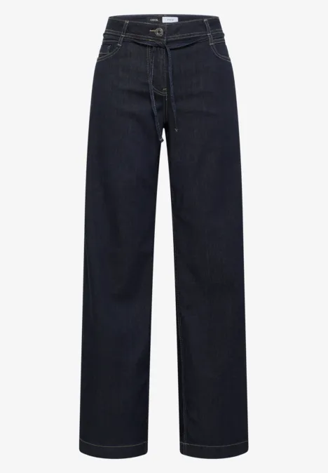 Dunkelblaue Jeans mit weitem Bein und geradem Schnitt, schlichtes Design.