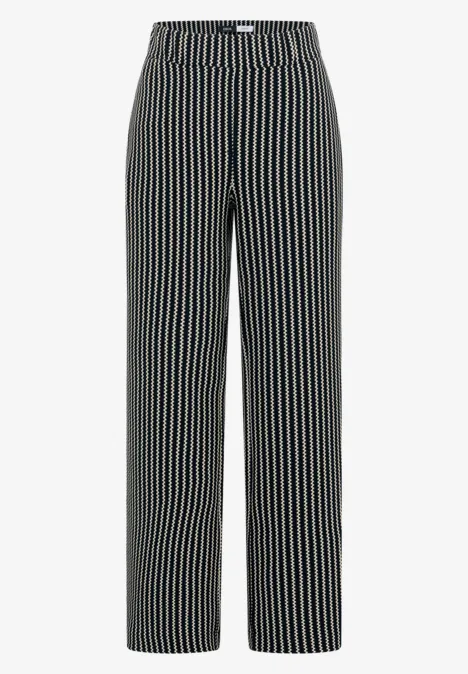 Schwarze Hose mit vertikalen weißen und beigen Streifen, weitem Schnitt und elastischem Bund