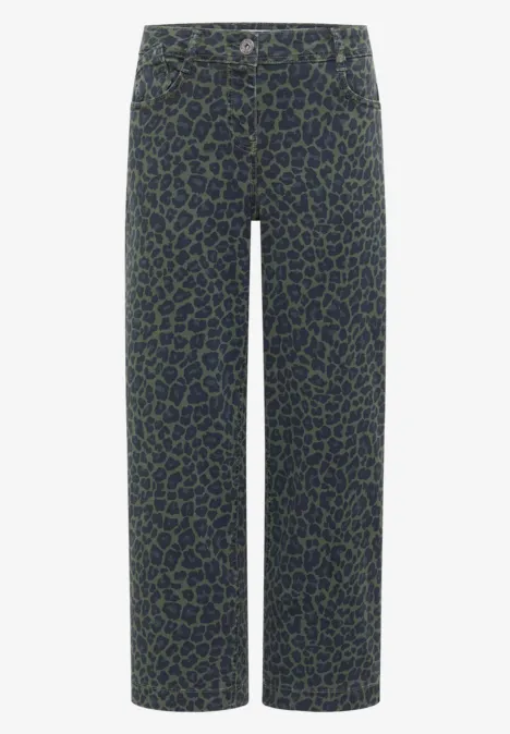 Gerade geschnittene, marineblaue Hose mit grünem Leopardenmuster und zwei Knöpfen am Bund.