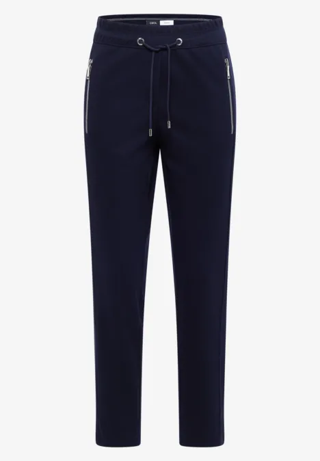 Pantalon décontracté bleu marine à lien de serrage et poches latérales zippées.