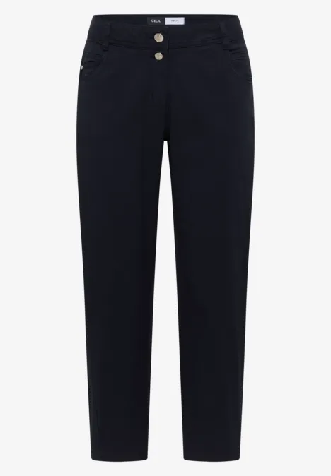 Pantalon femme bleu foncé, coupe slim, taille haute, deux boutons et poches latérales.