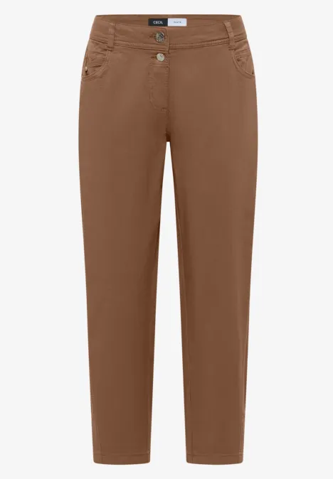 Pantalon femme marron, coupe droite, taille haute avec fermeture à boutons.
