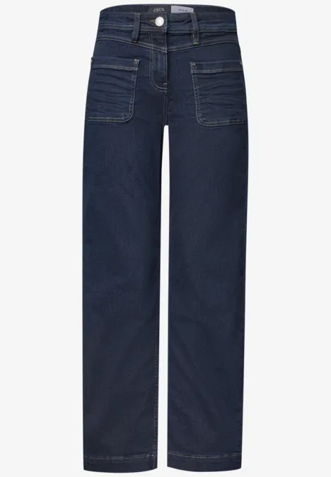 Wide Leg Jeans mit Patch-Pockets rinsed wash Dunkelblaue Jeans mit geradem, weitem Bein und aufgesetzten Fronttaschen.