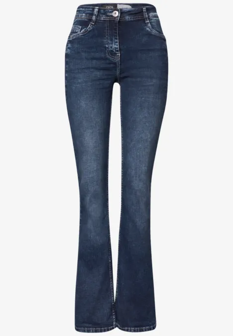 High Waist Bootcut Jeans im Slim Fit mid blue used wash Dunkelblaue Schlagjeans mit hohem Bund und leicht ausgestellten Beinen.