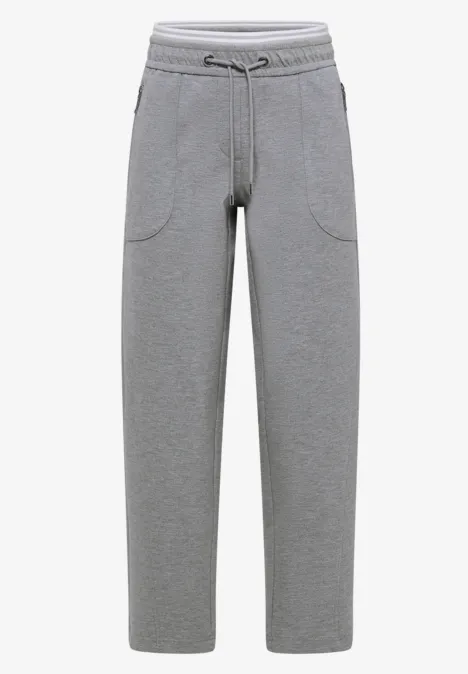 Graue Jogginghose aus Sweatstoff mit elastischem Bund, Kordelzug und seitlichen Taschen.
