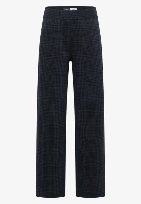 Donkerblauwe wijde broek met subtiel ruitpatroon, brede pijpen en elastische taille
