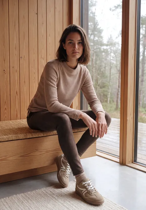 Femme décontractée assise dans un intérieur en bois moderne, près d'une grande fenêtre sur le jardin.