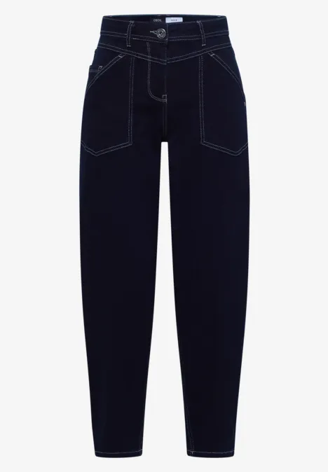 Donkerblauwe spijkerbroek met witte stiksels en hoge taille
