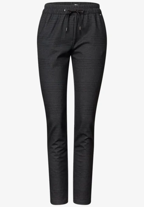 Schmale dunkelgraue Hose mit elastischem Bund, Tunnelzug und feinem Karomuster.