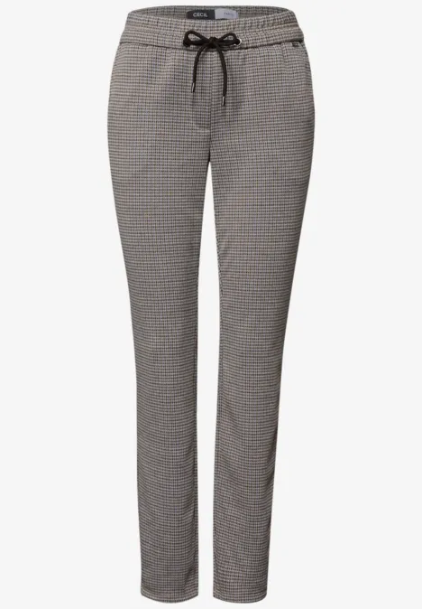 Damenhose mit Hahnentritt-Muster, geradem Schnitt und schwarzem Tunnelzug.