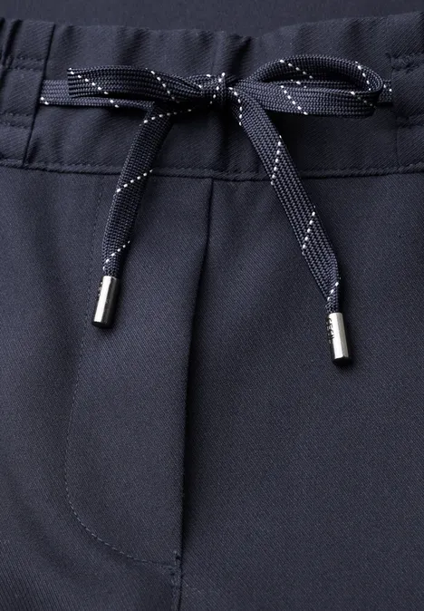 Broek met High Waist en Wide Leg pijpen in een Loose Fit pasvorm urban dark blue Donkerblauwe broek met trekkoord, fijne structuur en metalen uiteinden.