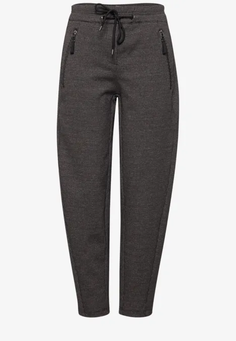 Dunkelgraue Jogginghose mit elastischem Bund, Kordelzug und Reißverschlusstaschen.