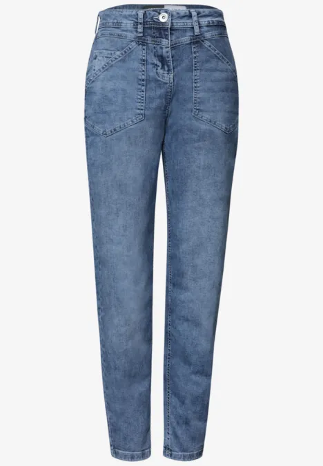 Jean taille mi-haute à Barrel Leg, coupe décontractée mid blue wash Jean bleu taille haute à coupe droite, poches avant et arrière.