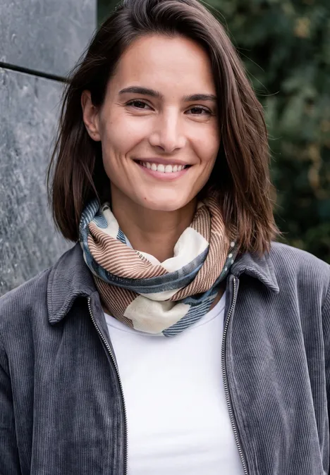 Junge Frau mit braunen Haaren und buntem Schal lächelt vor einem grauen Hintergrund.