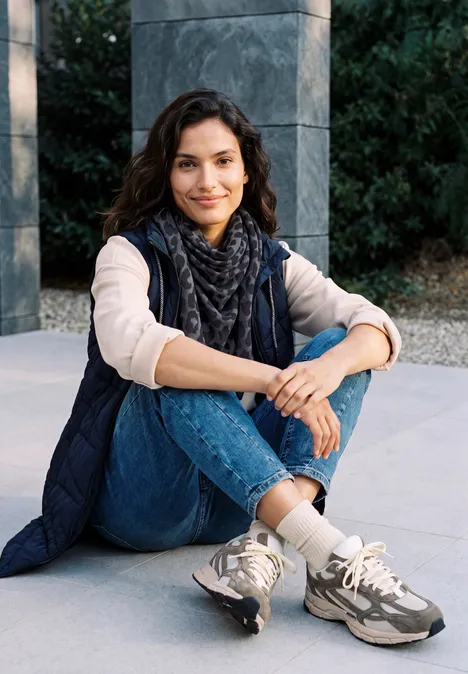 Foulard triangulaire à motif léopard dark navy blue Jeune femme en jean, gilet et écharpe assise au sol devant une structure grise, souriante