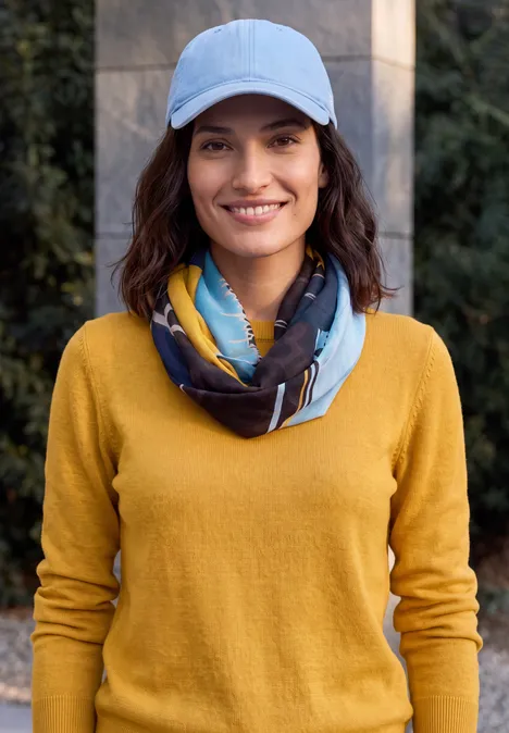 Écharpe Loop à imprimé graphique truffle brown Une femme souriante en pull jaune, écharpe à motifs et casquette bleu clair à l'extérieur.