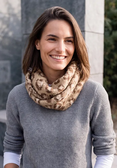 Une femme souriante aux cheveux bruns porte un pull gris et une écharpe à motifs à l'extérieur.