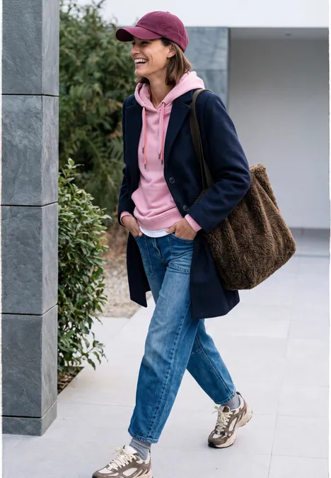 Sac Shopper chocolate sauce brown Femme en sweat à capuche rose, manteau bleu foncé, jean et baskets, casquette, grand sac fourrure.