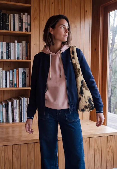 Sac en peluche avec motif de vache pearl beige Femme en sweat-shirt rose, veste et jean, portant un sac, debout dans une pièce en bois avec étagère.