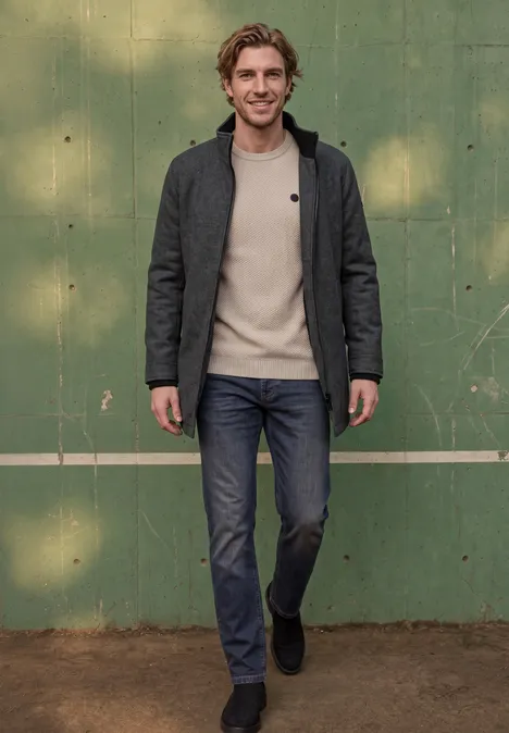 Een glimlachende man loopt langs een groene muur, met een beige trui, donker jasje en jeans.