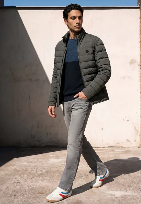 Ein Mann in grüner Steppjacke, Pullover, grauen Jeans und weißen Sneakern posiert vor einer hellen Wand.