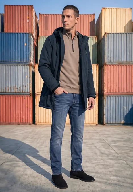 Un homme en jean, veste et bottines se tient devant des conteneurs colorés empilés.