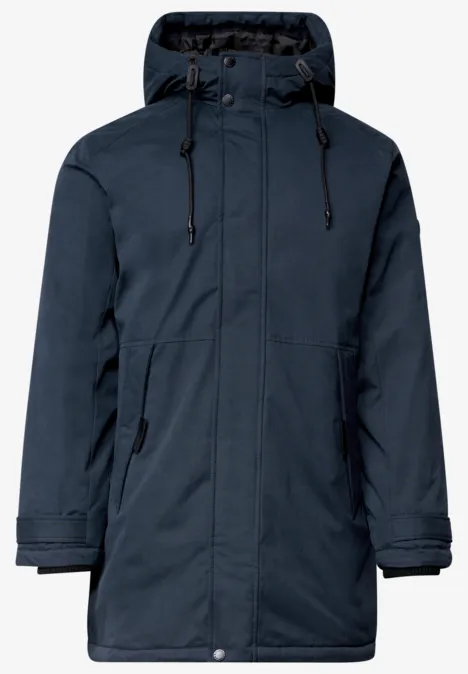 Parka bleu marine à capuche, fermeture éclair et poches latérales, idéal pour temps froid.