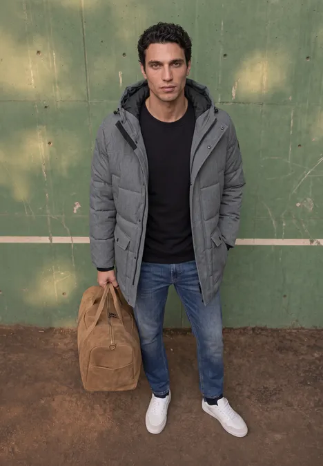 Ein Mann steht vor einer grünen Wand und trägt einen grauen Mantel, Jeans, weiße Schuhe und eine braune Tasche.