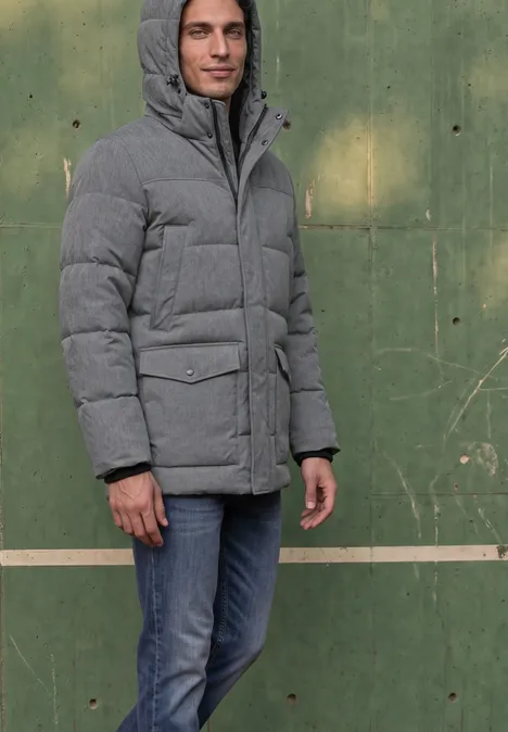 Ein Mann trägt eine graue Steppjacke mit Kapuze, steht vor einer grünen Wand.