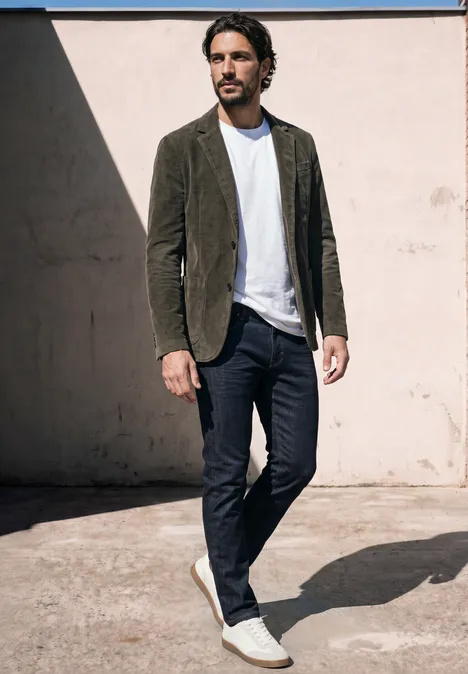 Homme en blazer en velours côtelé kaki, t-shirt blanc, pantalon sombre et mocassins blancs devant un mur ensoleillé.