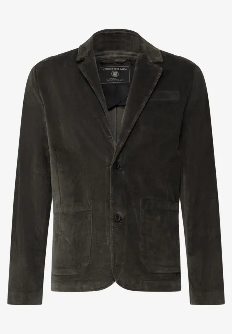 Veste blazer en velours côtelé sombre à revers, deux boutons et poches plaquées.